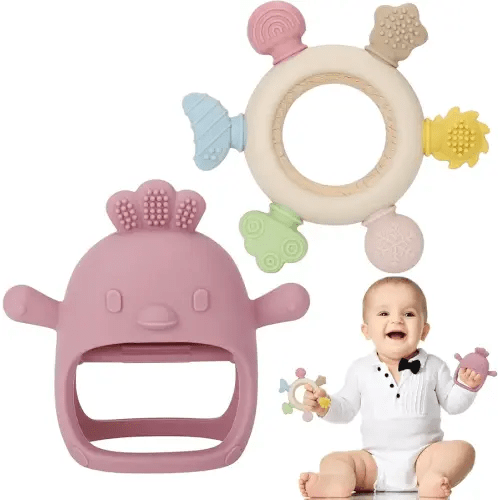 Socub 2 Pack Baby Teething Toys for Babies 0-6 Months, Silicone Teething Mitten and Wooden Ring Toy for Babies 6-12 Months, No Drop Teether Mitten and Ring Teether for Teething Relief(Dark Pink)