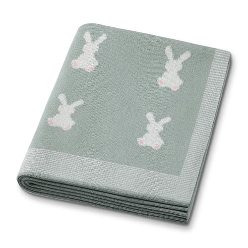 Organic Cotton Baby Blanket - Soft Luxury Knit Receiving Blanket for Newborns & Toddlers, Cozy Breathable Stroller Blanket with Pattern, Unisex, 30x40Inch(Bunny-Green)