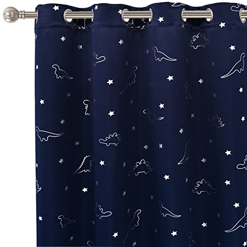 LORDTEX Dinosaur and Star Foil Print Blackout Curtains for Kids Room | Thermal Insulated Curtains Noise Reducing Window Drapes for Boys and Girls Bedroom, 52 x 84 Inch, Navy, Set of 2 Panels