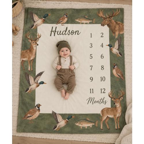 Personalized Hunting Baby Milestone Blanket, Mallard Duck Deer & Partridge Woodland Baby Blanket, Baby Boy Monthly Milestone Gift