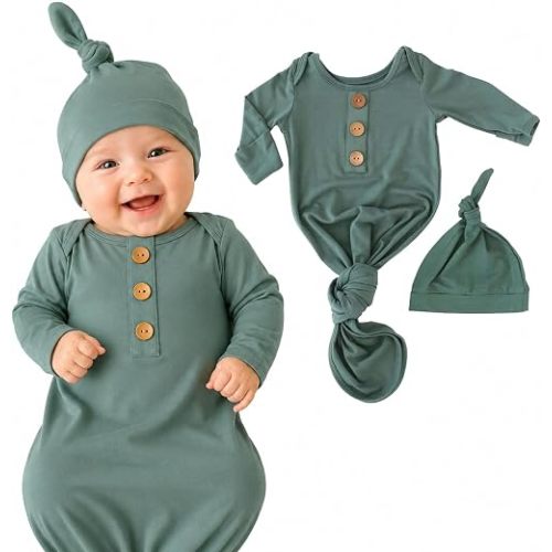 Caden Lane Newborn Knotted Gown with Hat, Soft Bamboo Viscose Baby Sack, Unisex Infant Breathable Night gown Emerald
