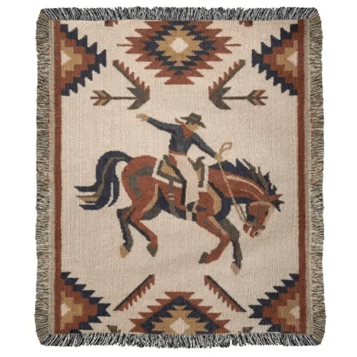 Southwest Rodeo Rider Horse Blanket – Woven Cotton Western Heritage Blanket Western Gifts