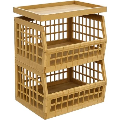 Bamboo Stackable, Open Front, Large Storage Bins With Tray Lid -Set of 2