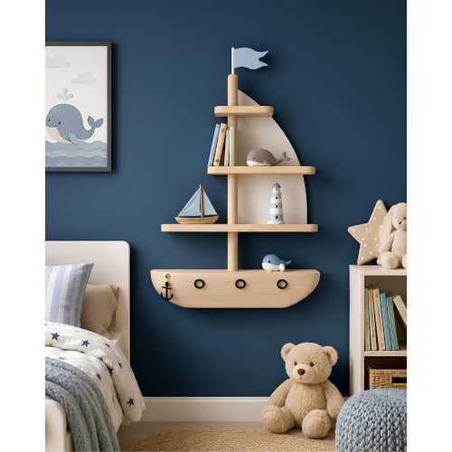 Solid Linden Wood Sailboat Wall Shelf, Nautical Nursery Floating Bookshelf, Handcrafted Ship Decor for Baby Boy Room, Seaside Themed Gift