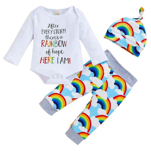 GRNSHTS Newborn Infant Baby Boy Girls Rainbow Outfits Letter Print Onesies + Cloud Rainbow Pants + Hat Tie Dye Clothes Set