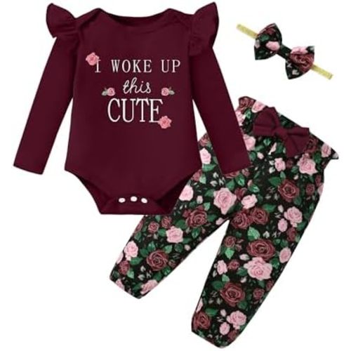 Baby Girl Clothes Newborn Infant Cotton Ruffle Romper+ Floral Pants + Headband Sets Fall Winter Outfits