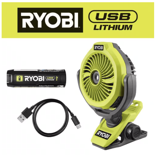 RYOBI USB Lithium Cordless Ultrasonic Misting Clamp Fan Kit with USB Lithium 2Ah Battery and Charging Cable FVF55K