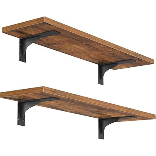 HOOBRO Floating Shelves for Wall, 15.7" Wall Mounted Shelves Set of 2, Hanging Storage Shelf with Metal Brackets, Wooden Shelf for Living Room, Bedroom, Bathroom, Rustic Brown and Black BF42BJP201G1