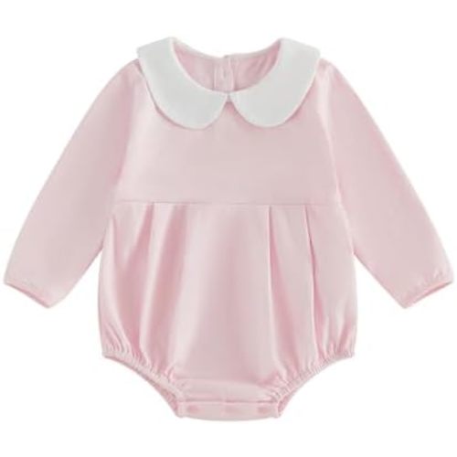 Baby Boy Girl Bubble Romper Infant Long Sleeve Collar Fall Romper | Unisex Baby Oversize T-shirt Cotton Bodysuit, Scallope Collar Bubble Romper, Family Photos for Christmas, Easter, Thanksgving
