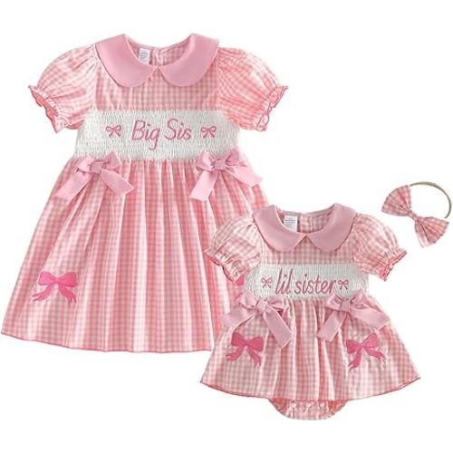 Big Little Sister Matching Outfits Summer Short Puff Sleeve Peter Pan Collar Bow Embroidery Plaid Romper/Dress