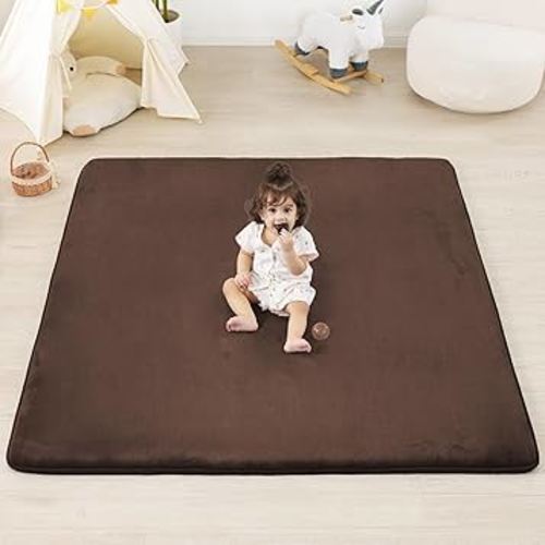PAPAMAT 1.3" Thick Baby Floor Play Mat 50x50, Basic Padded Foam Mat for Tummy Time Crawling, Non Slip Cushioned for Babies Toddlers Infants Kids (Brown)