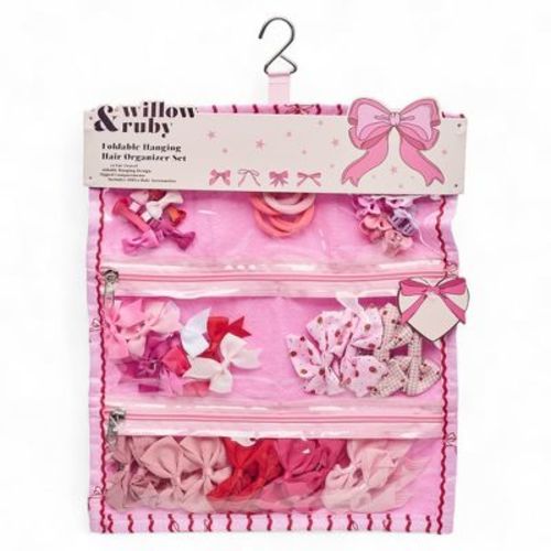 WIllow & Ruby 40pc Girls' Hair Bow & Clip Set with Foldable Travel Organizer for Infant, Baby, Child, Kids - Pink