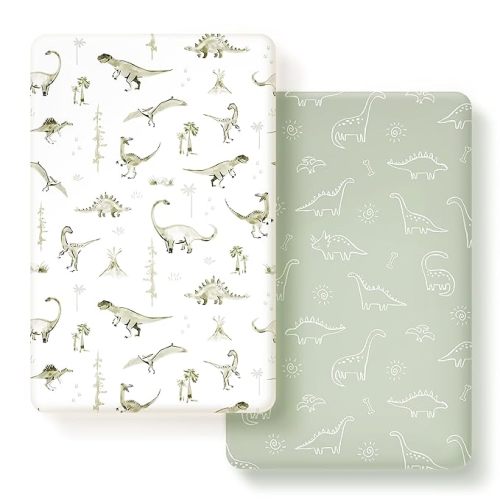 GRSSDER Stretch Ultra Soft Jersey Knit Fitted Crib Sheets Set 2 Pack，Fit All Standard Crib Mattress Pads Safe and Snug, Crib Fitted Sheet for Baby, Dinosaur