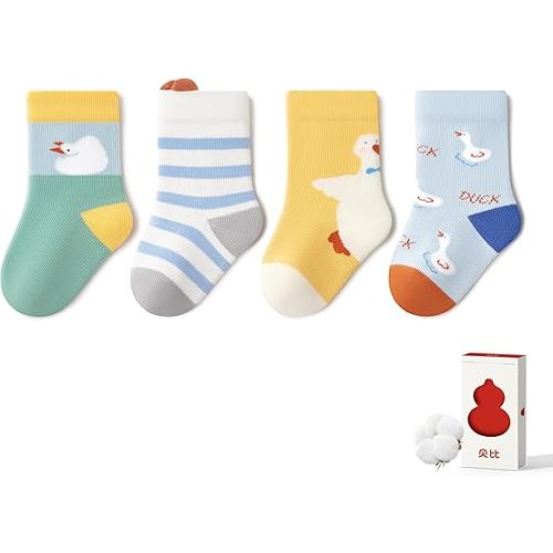 Beibi 4 PCS Newborn Baby Crew Socks, Preemie Toddler Essentials, Unisex Baby Cotton Socks Bundle for Babies Toddlers, Kids (0-12M, Four Seasons 100% Cotton)