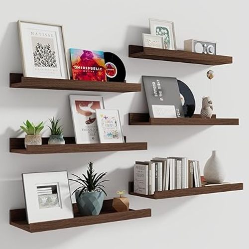 Picture Ledge Shelf, 16 Inch Long Floating Shelves Set of 6, Picture Shelf for Wall with Lip, Large Nursery Book Shelves for Storage, Wall Shelves for Living Room Bedroom Kitchen, Walnut