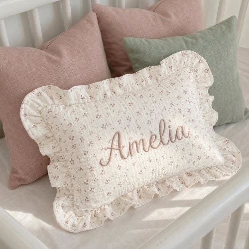 Baby Name Pillow With Ruffles, Personalized Nursery Cushion | Newborn Keepsake & Baby Shower Gift