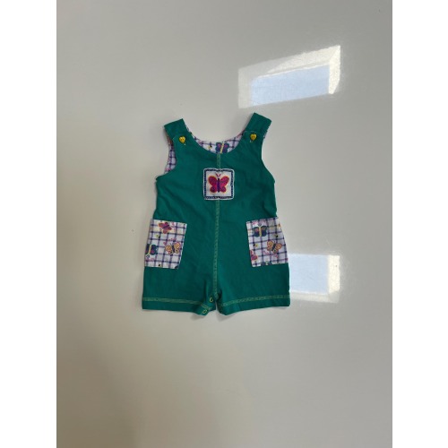 Vintage 90s Baby Girl Teal Cotton Shortall Romper with Yellow Heart Buttons at Shoulders Tanks Romper Butterfly Patxh Purple Gingham Circo