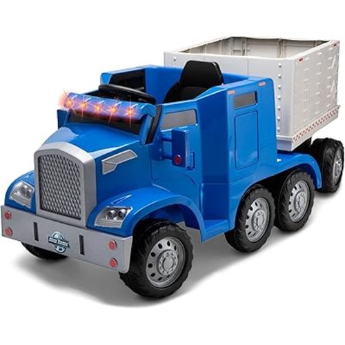 Kid Trax 12V Semi-Truck and Trailer, Battery Powered Ride-On Toy Truck, Ages 3-5, Max Weight 77 lbs, One Rider, Working Lights, Horn, Sounds, Electric Cars for Kids Ages 3-5, Kids Ride On Toys, Blue