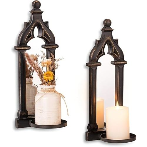 Black Candle Sconces Gothic Wall Decor - Wood Rustic Farmhouse Wall Candle Holder Set of 2 for Livingroom Fireplace - Black Dark Mirror Candle Sconces for Halloween Art Decorations
