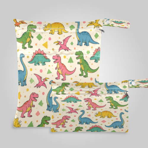 2 Pack Wet Dry Bags,Vibrant Dino Shapes Pattern Waterproof Reusable Dual Zipper Bags for Swimwear, Gym Clothes, Toiletries, Baby Diapers