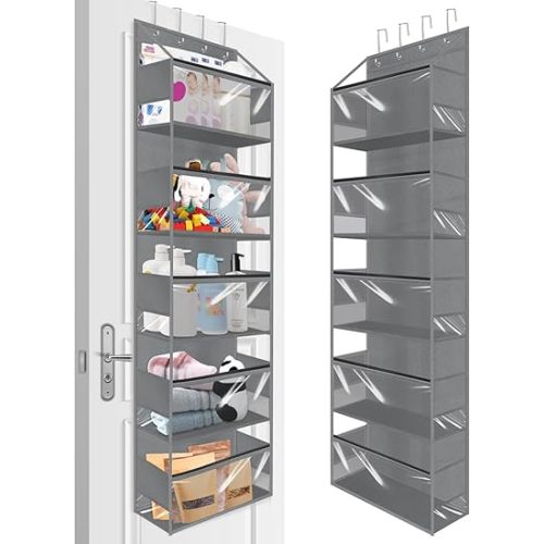 1 Pack Over the Door Organizer, Behind the Door Storage with 5 Large Pockets, Door Organizer Hanging with Clear Window, Hanging Storage Organizer for Pantry Laundry Bathroom (Grey)