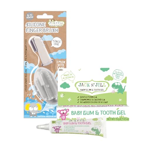 Jack N' Jill Stage 1 Silicone Finger Toothbrush, Baby Gum and Tooth Gel Bundle - Baby Toothbrush 6 to 12 Months, Natural Gum and Teething Relief Gel - Two Brushes Plus Case, 0.5 Fl Oz