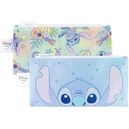 Bumkins Reusable Snack Bags, for Kids School Lunch and for Adults Portion, Washable Fabric, Waterproof Cloth Zip Bag, Supplies Travel Pouch, Food-Safe Storage, 2-pk Disney Stitch