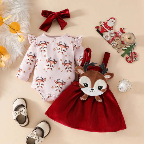TIREOW Newborn Clothes Thanksgiving Christmas Baby Girl Outfit Cute Elk Fly Sleeve Romper Overall Dress Infant Girls Fall Winter Toddler Romper Infant Skirt Set
