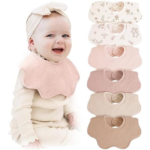 Konssy Muslin Baby Bibs 100% Cotton Absorbent Bandana Drool Bibs for Teething and Drooling, 6-Pack for Baby Boys & Girls