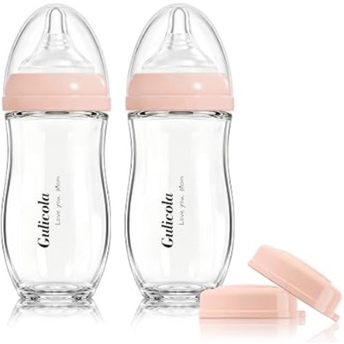 Gulicola Natural Glass Baby Bottle for Breastfed Babies, Anti-Colic Baby Bottle Set with Medium Flow Nipple, 3 Months +, 8 oz, 2 Pack - Pink