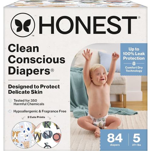 The Honest Company Clean Conscious Diapers for Sensitive Skin, Up to 100% Leakproof Hypoallergenic Fragrance-Free Baby Diapers, Gender Neutral Prints, Super Club Box, Size 5 (27+ lbs), 84 Count