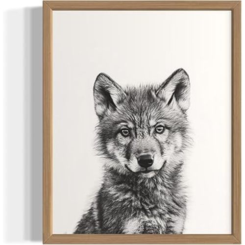Wolf Wall Art Print Poster Nursery, Cute Animal Black and White Picture Painting Nature Kids Boy Girl Children's Room Play Room 159D (Wolf, 11 x 14 inches, Wood Frame)