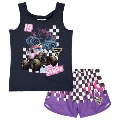 Monster Jam Toddler Girls' Sleeveless Jersey Graphic Tank and Mesh Shorts Outfit Grey Sparkle Smash 4T