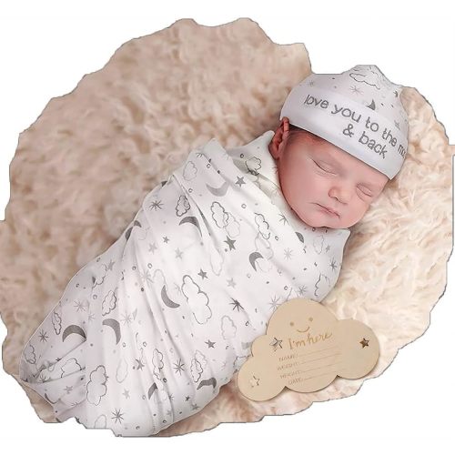 Ylsteed Baby Swaddle Blanket and Headband Set, Newborn Receiving Blanket Swaddle Wrap for Girls and Boys, Swaddling Blankets Neutral for Newborn, Soft and Skin-Friendly 32 * 32 inches(Moon cloud)
