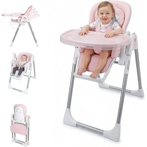 High Chair, Foldable High Chairs for Babies and Toddlers, Ultra Safe for Infant with Lockable Wheels, Easy Clean, Removable Tray/Adjustable Footrest for Baby Feeding HighChair, Pink