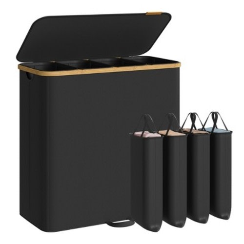 SONGMICS Laundry Hamper, Laundry Sorter with Lid, Storage Basket Bin, Removable Liners, Bamboo Frame, 4 Sections, 59.4 Gallon , Ink Black