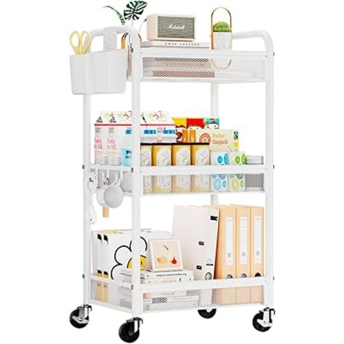 YASONIC 3 Tier Rolling Cart – Metal Utility Storage Carts with Wheels, Craft Carts Organizer with Hanging Cups, Hooks, Mesh Basket for Bedside Kitchen Office Art, White