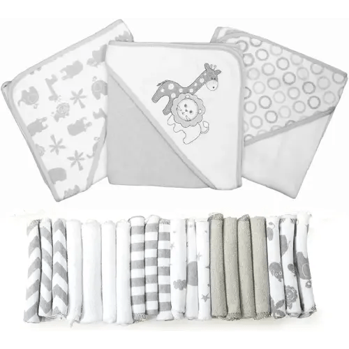 Spasilk Bath Hooded Towels & Baby Washcloths Set, Baby Bath Essentials for Everyday Use, 23-Piece Gift Set, Gray Lion