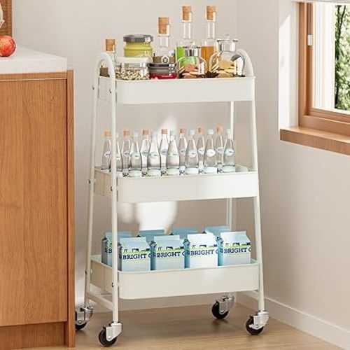 NEWBULIG 3-Tier Rolling Utility Cart with Locking Wheels, Slim Metal Mobile Storage Organizer Shelf for Small Spaces, Bathroom, Living Room, White