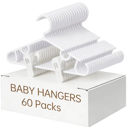 Nursery Baby Hangers with Clips, 20 Newborn Kids Plastic Clothes Hangers for Toddler Pants – with 40 Clips for Children's Clothes Packs(White,60 Packs) (60, White)