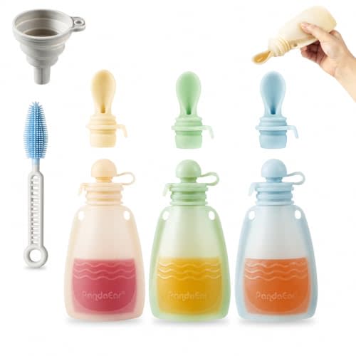PandaEar 3 Pack Silicone Baby Food Pouches, Reusable Squeeze Pouches for Toddler with 3 Silicone Puree Feeder Spoon, BPA-Free Silicone Refillable Infant Food Storage, 5 oz (Beige&Blue&Green)