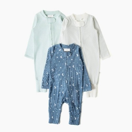 Picolette by Olivia Culpo Baby Boys' 3pk Long Sleeve Pajama Romper fold over footie cuff - Blue Newborn