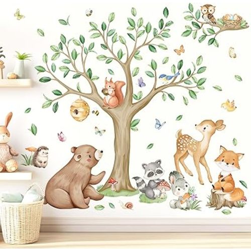 wondever Woodland Animal Tree Wall Stickers Bear Deer Fox Owl Peel and Stick Wall Art Decals for Baby Nursery Decor Kids Bedroom Living Room