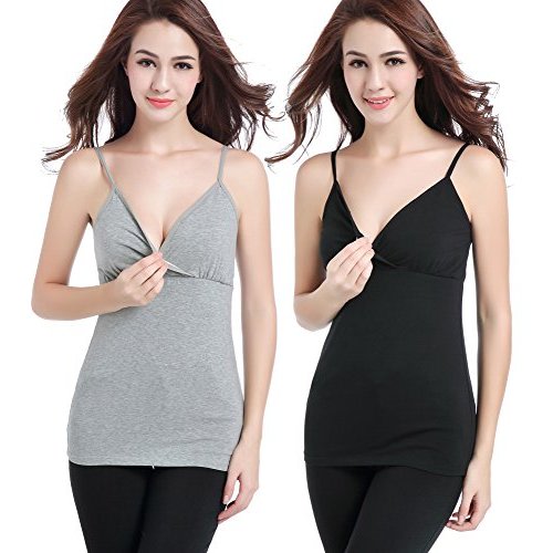 Nursing Tank Tops, Maternity Nursing Shirts Pajamas Sleep Bra for Breastfeeding (Medium: Fits for Weight 130-155 lb, Black+Grey (2Pcs))
