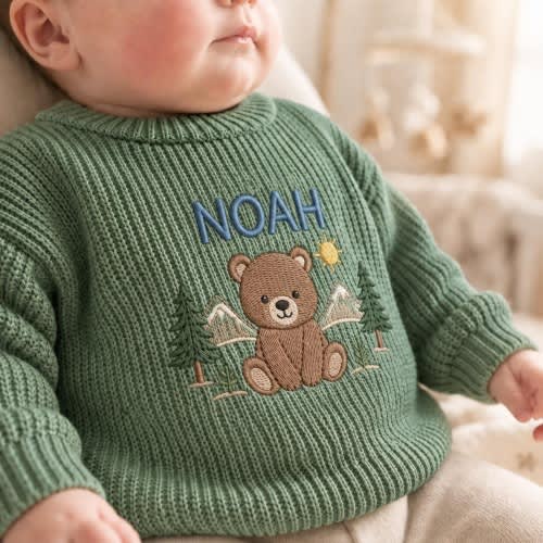 Bear Baby Sweater, Embroidered Baby Shower Gift, Custom Newborn Knit Pullover, Woodland Nursery Gift