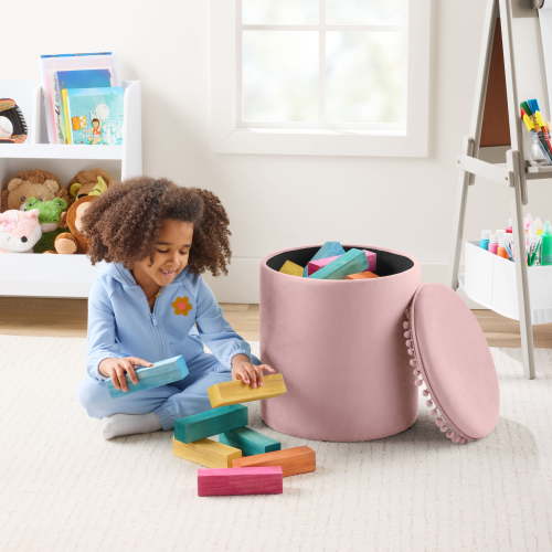 Kvell Pom Pom Storage Ottoman - Blush Velvet Upholstery