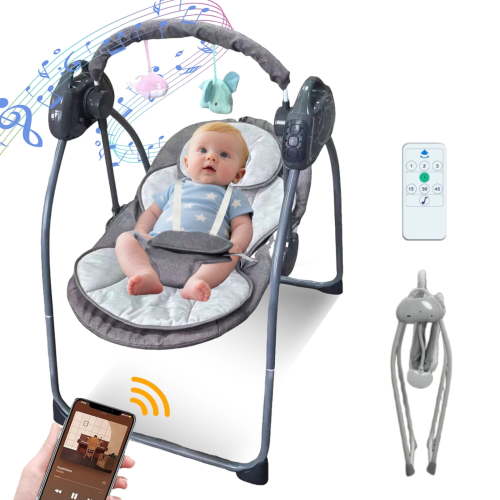 LHUAI, Electric Baby Swing And Bouncer Combo, Portable Compact Automatic, Bluetooth Music, 12 Preset Melodies, Remote, Grey