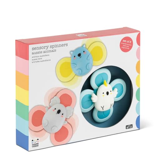 Tiger Tribe Sensory Spinners for Babies - Aussie Animals Set, Chewable, Rattle with Suction Cups, Stimulates Sensory and Motor Skills, Ages 6 Months to 2 Years