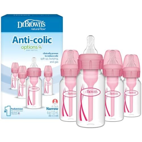 Dr. Brown's Anti-Colic Options+ Narrow Baby Bottle, Pink, 4 oz, 4-Pack