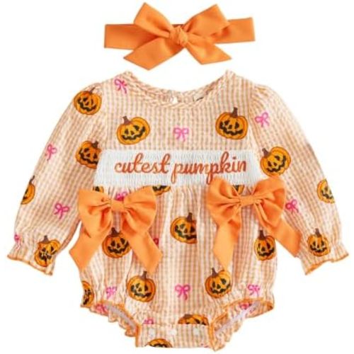 Baby Girl Halloween Outfit Long Sleeve Smocked Bubble Pumpkin Romper